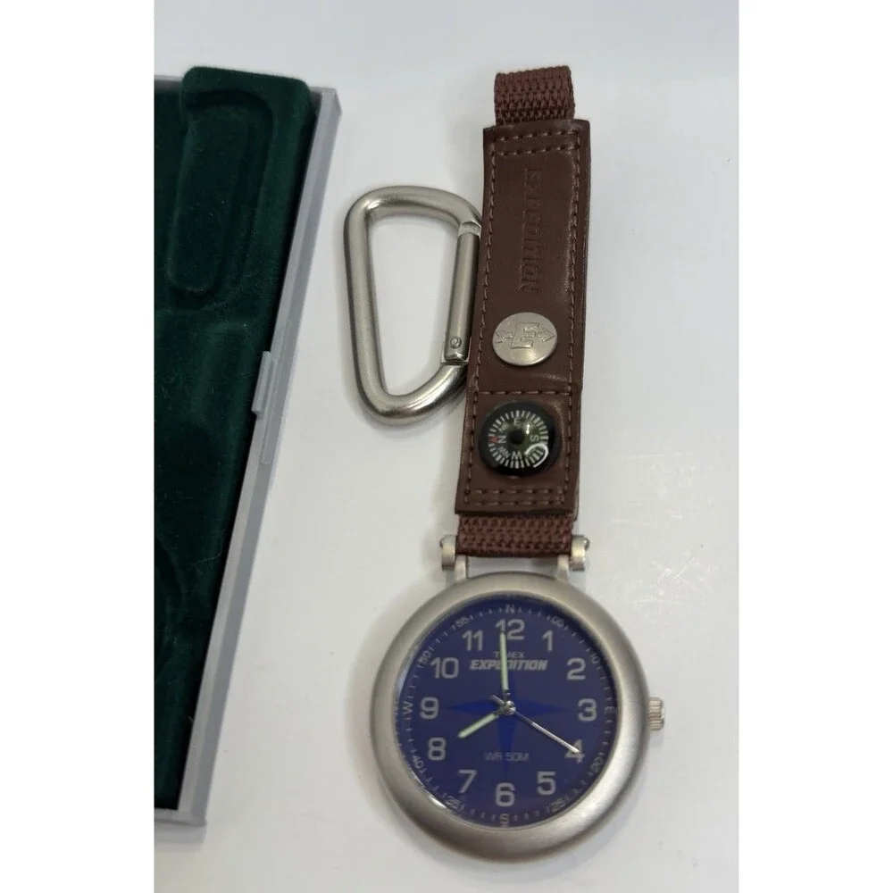 NIB VTG Timex Expedition Pocket Watch Silver Blue Dial Compass Carabiner